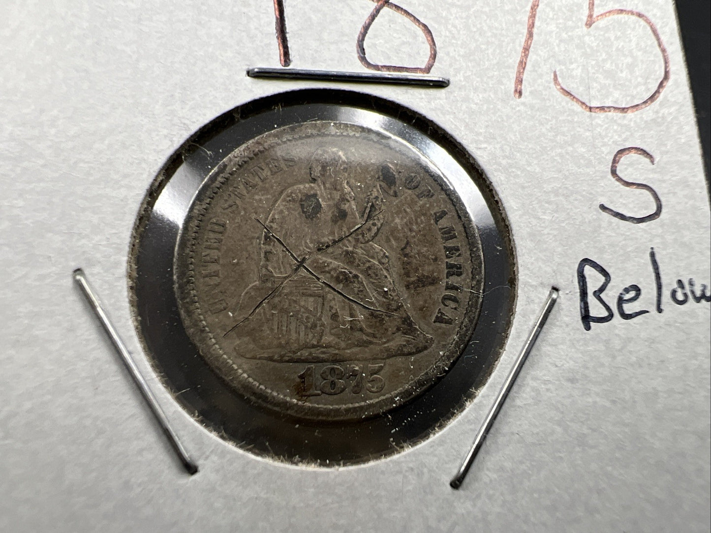1875 S Below Bow Seated Liberty Silver Dime Coin VG Details Damaged Ugly SKU#A