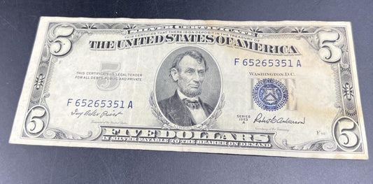1953 A $5 Five Dollar Silver Certificate Blue Seal Bill VF Details Stain #51
