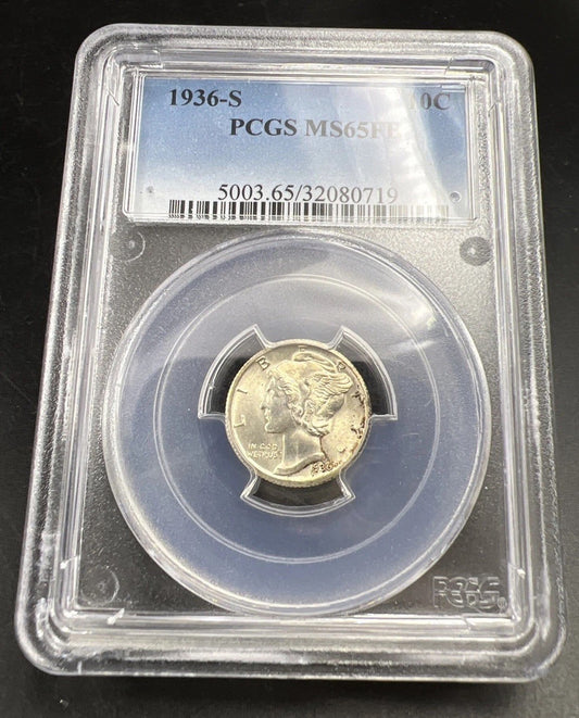 1936 S 10c Mercury Silver Dime Coin PCGS MS65 FB Gel BU UNC Full Band