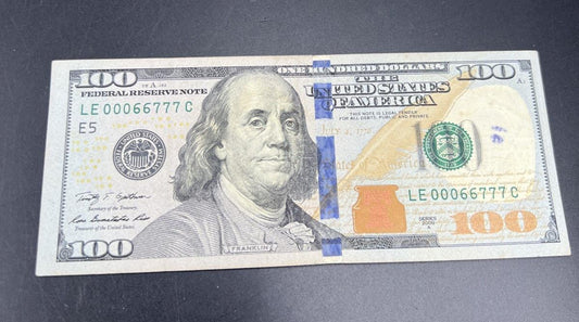 2009 A $100 One Hundred Dollar FRN Federal Reserve Note Repeat Serial # 00066777