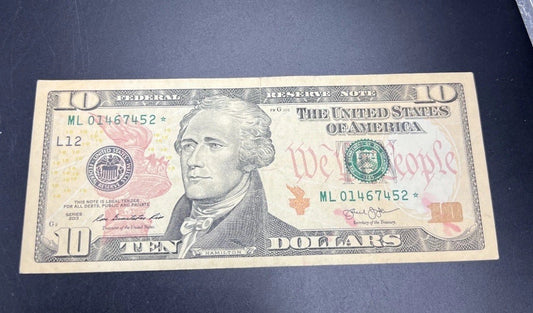 2013 * Star $10 FRN Federal Reserve Note Choice VF Very Fine #452