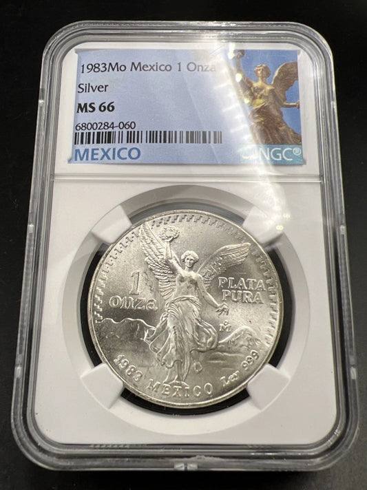 1983 Mo Mexico 1 Oz Silver Libertad Coin Gem BU Certified NGC MS66 Statue Holder
