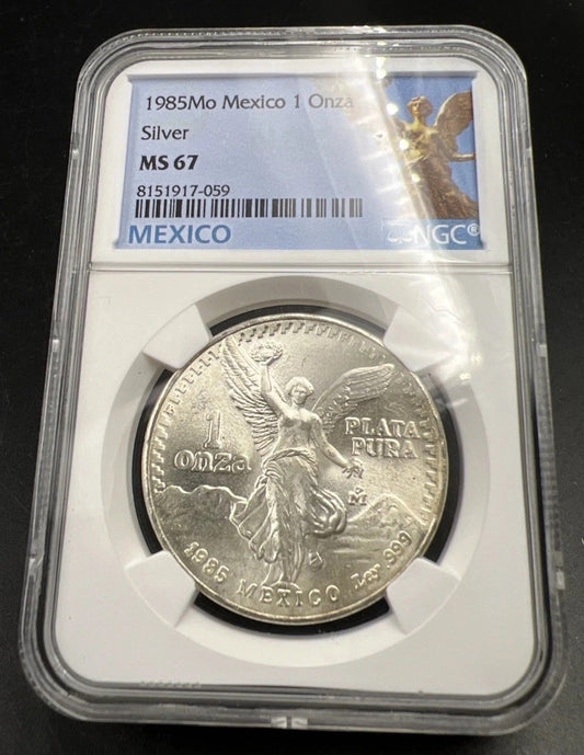 1985 Mo Mexico 1 Oz Silver Libertad Coin Gem BU Certified NGC MS67 Statue Holder