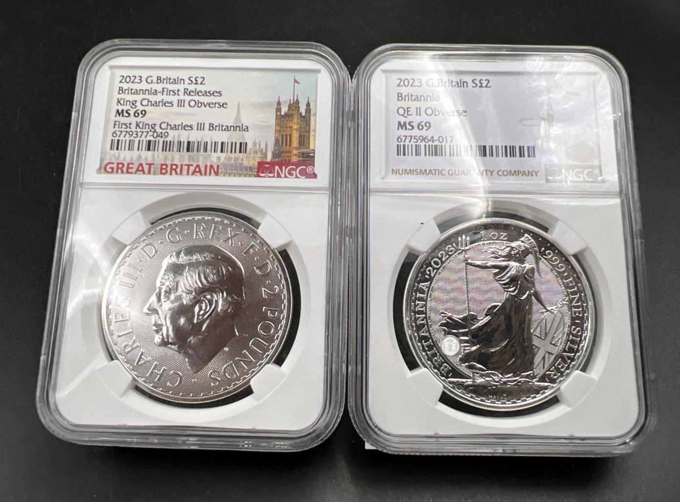 2 Coin Set 2023 Britannia NGC MS69 King Charles III Queen Elizabeth II