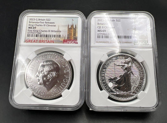 2 Coin Set 2023 Britannia NGC MS69 King Charles III Queen Elizabeth II