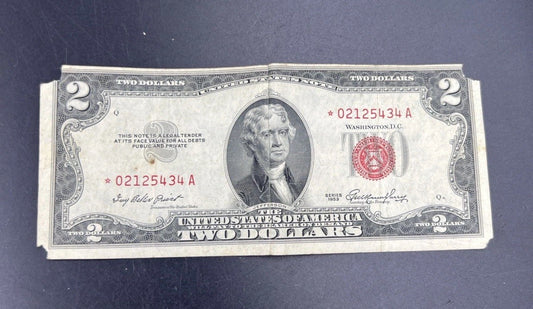 1953 * Star $2 Two Dollar United States Legal Tender Note VG Details Corner Torn