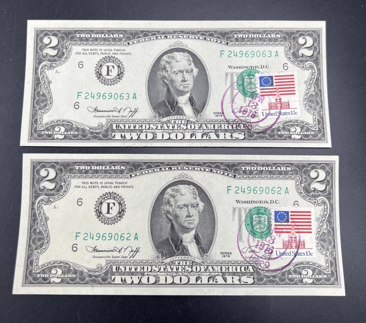 2 Consecutive Atlanta Postal 1976 $2 Bicentennial Two Dollar Note Bills CH UNC F