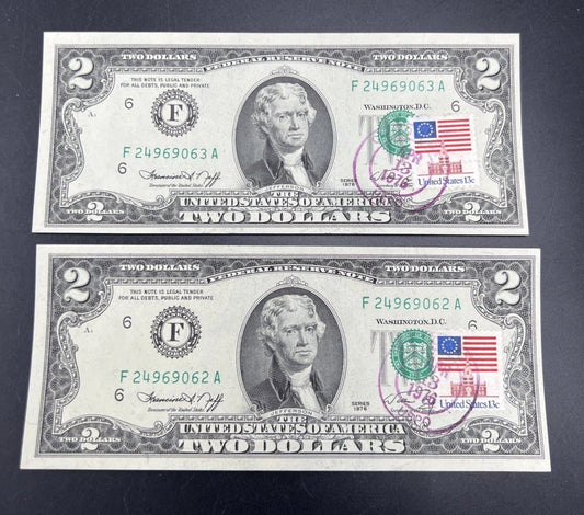 2 Consecutive Atlanta Postal 1976 $2 Bicentennial Two Dollar Note Bills CH UNC F