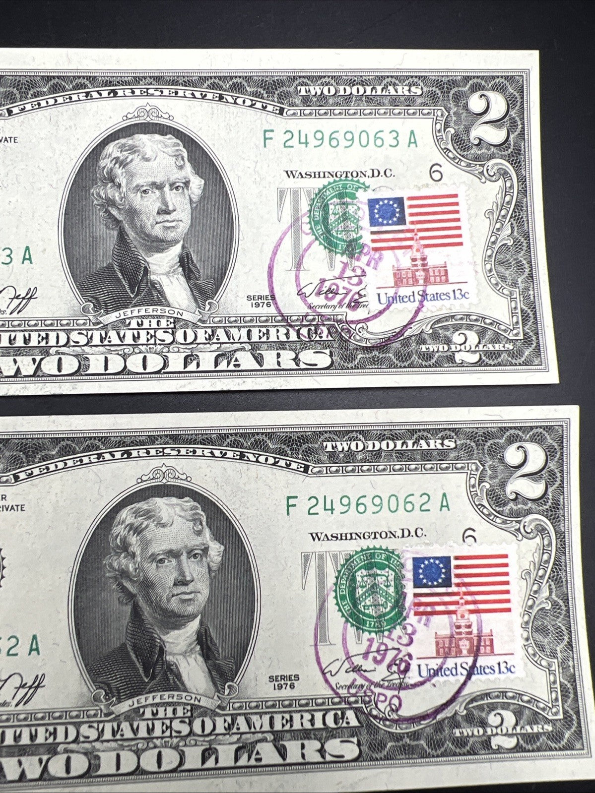 2 Consecutive Atlanta Postal 1976 $2 Bicentennial Two Dollar Note Bills CH UNC F