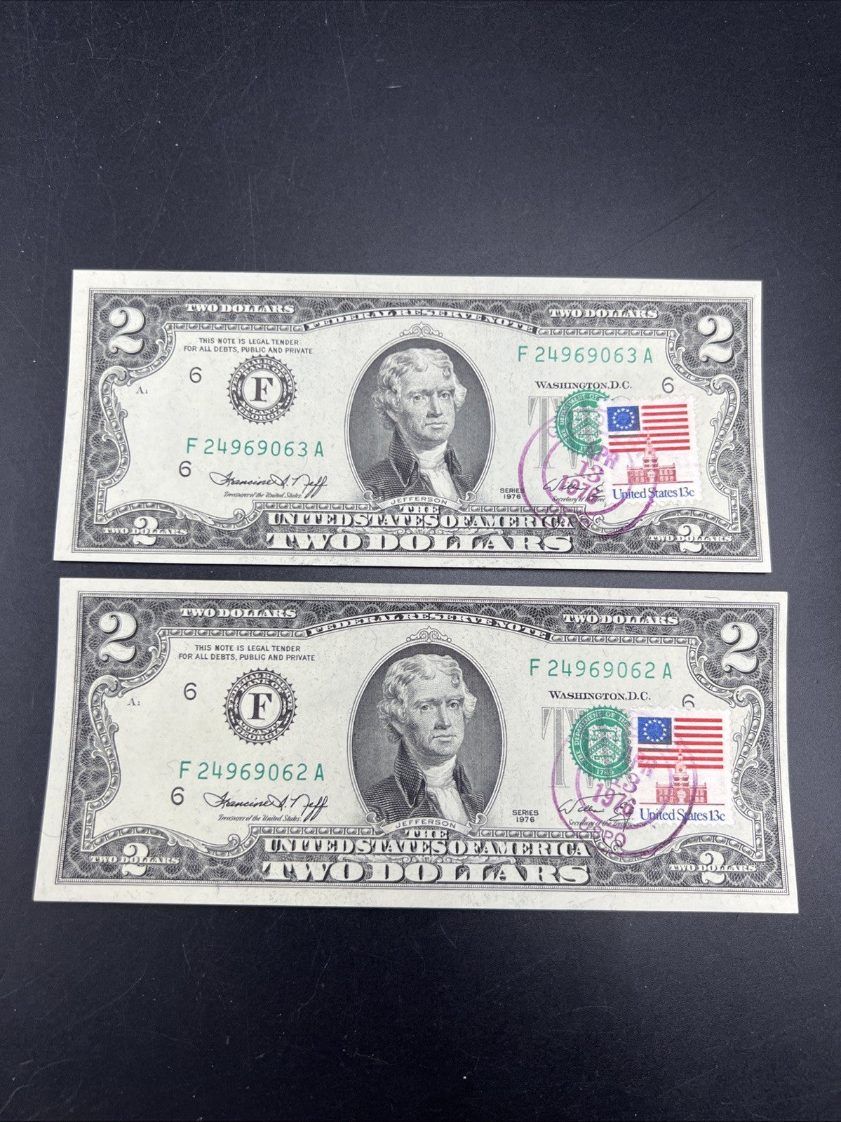 2 Consecutive Atlanta Postal 1976 $2 Bicentennial Two Dollar Note Bills CH UNC F