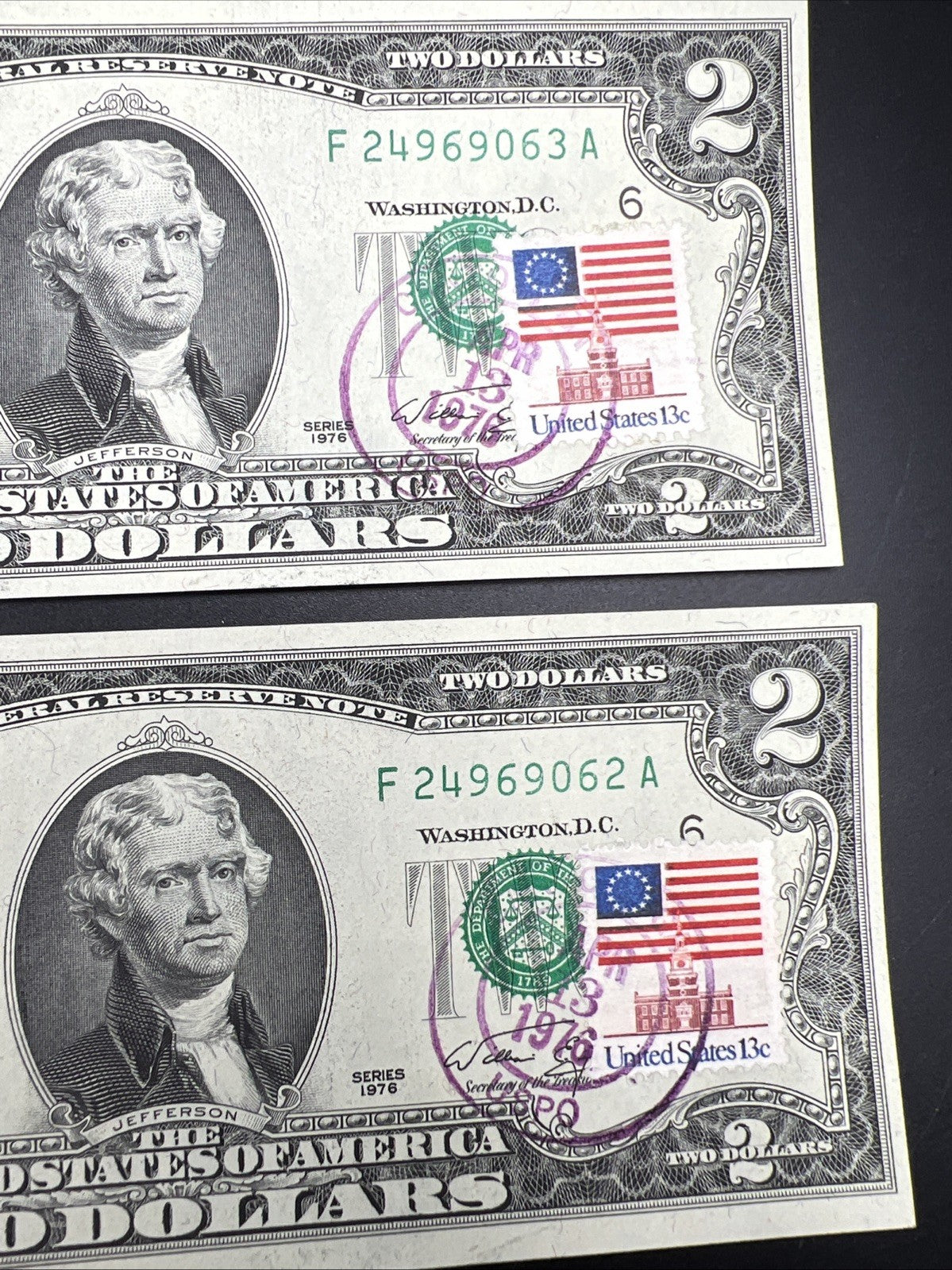 2 Consecutive Atlanta Postal 1976 $2 Bicentennial Two Dollar Note Bills CH UNC F