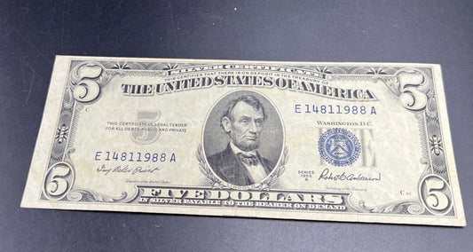 1953 A $5 Silver Certificate Note Blue Seal Bill VF Very Fine #988