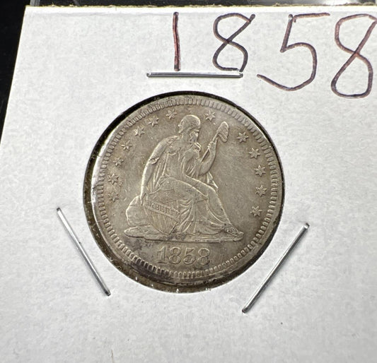 1858 25c Liberty Seated Quarter Coin XF EF Extra Fine Details Rim Damage Reverse