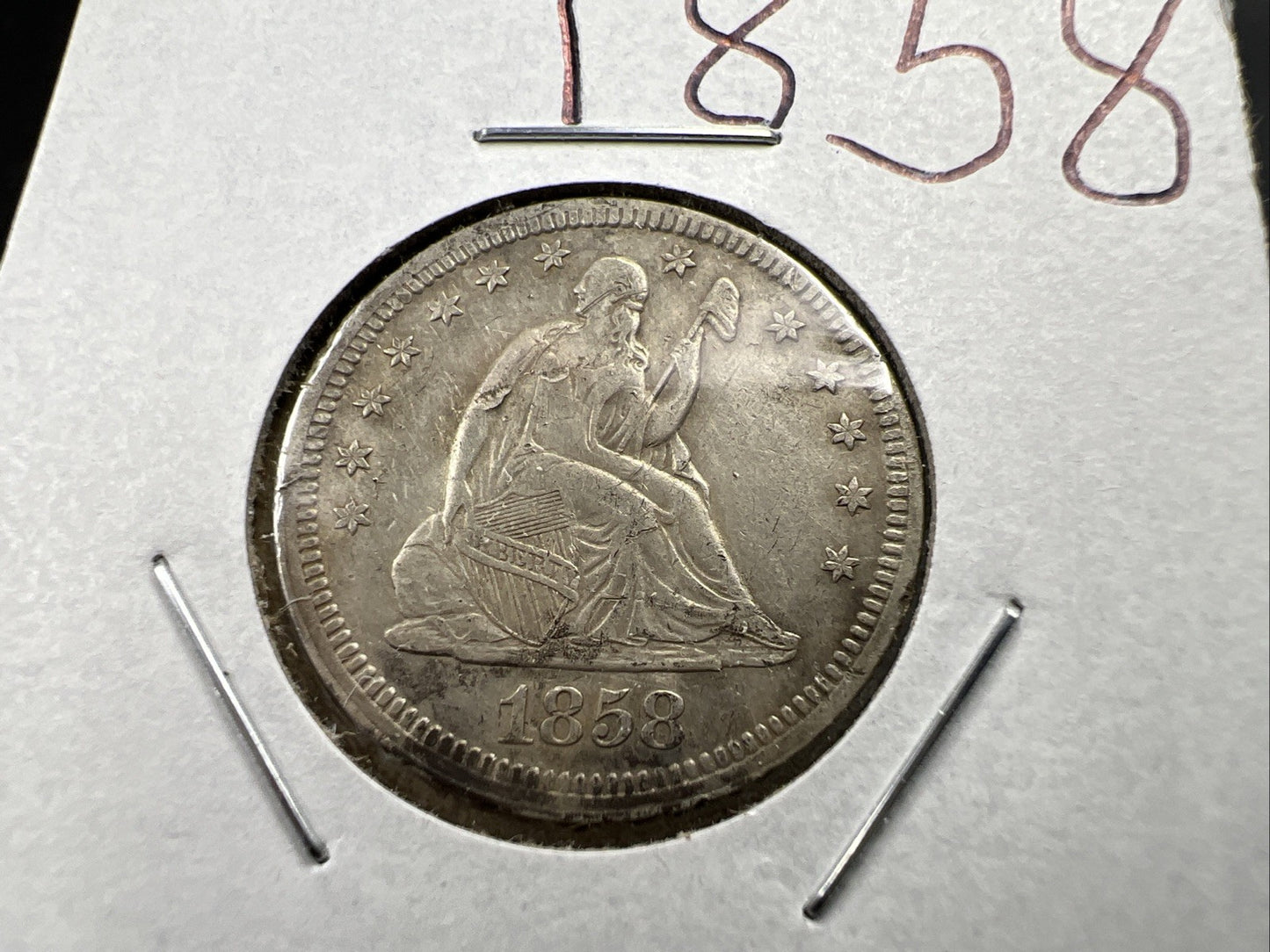 1858 25c Liberty Seated Quarter Coin XF EF Extra Fine Details Rim Damage Reverse