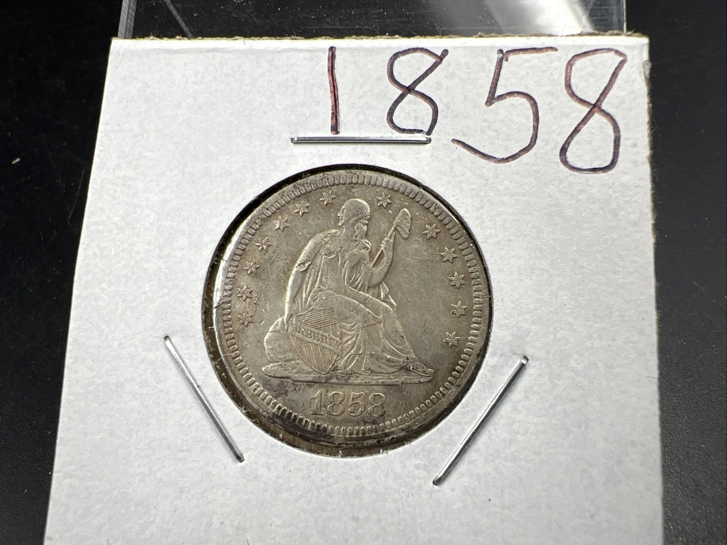 1858 25c Liberty Seated Quarter Coin XF EF Extra Fine Details Rim Damage Reverse