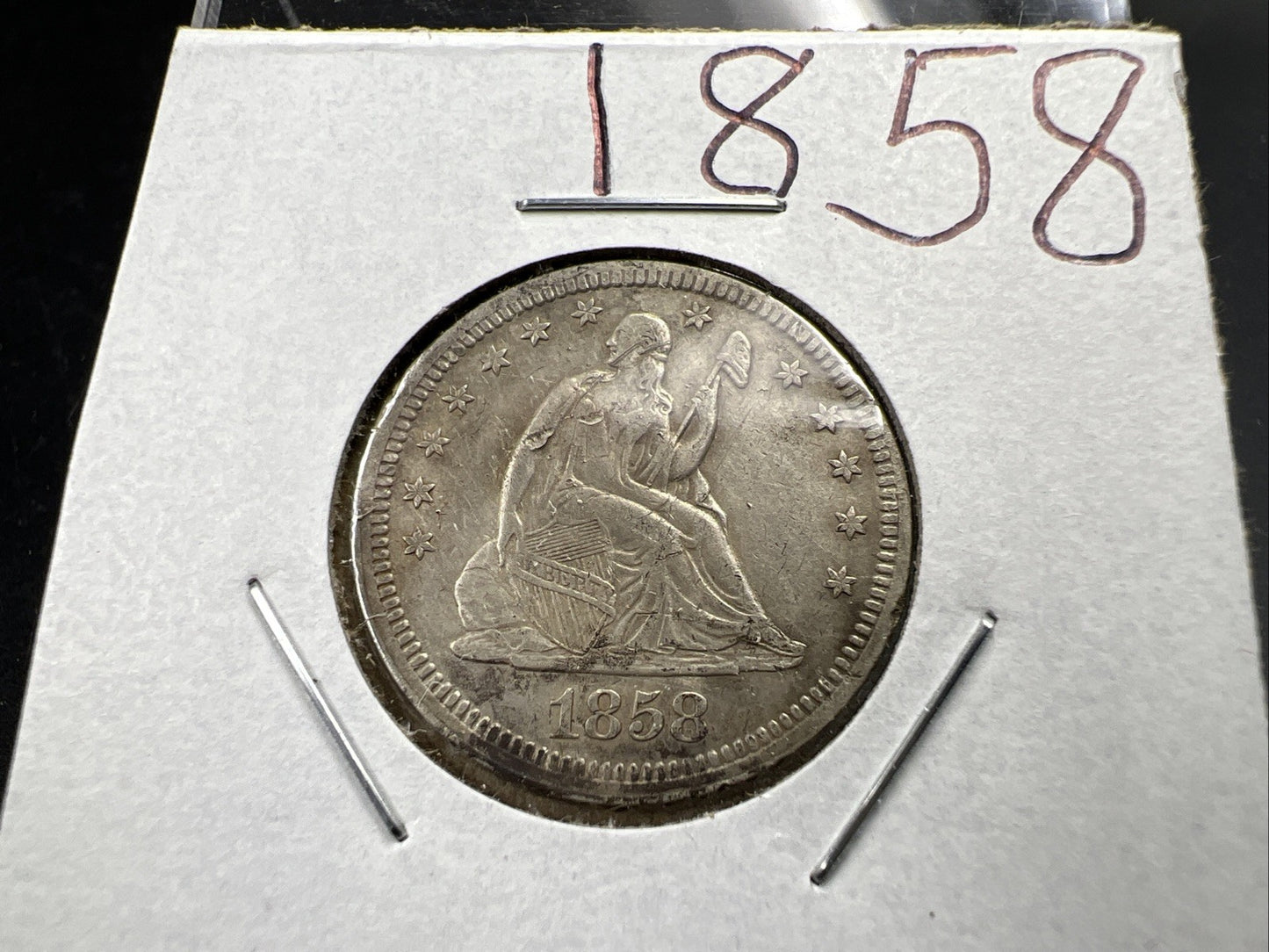 1858 25c Liberty Seated Quarter Coin XF EF Extra Fine Details Rim Damage Reverse