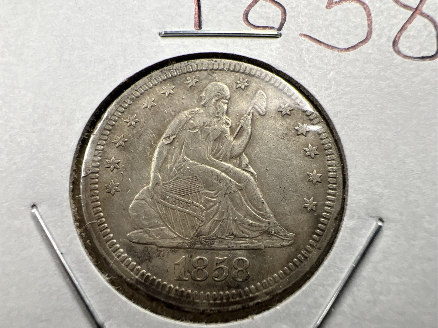 1858 25c Liberty Seated Quarter Coin XF EF Extra Fine Details Rim Damage Reverse