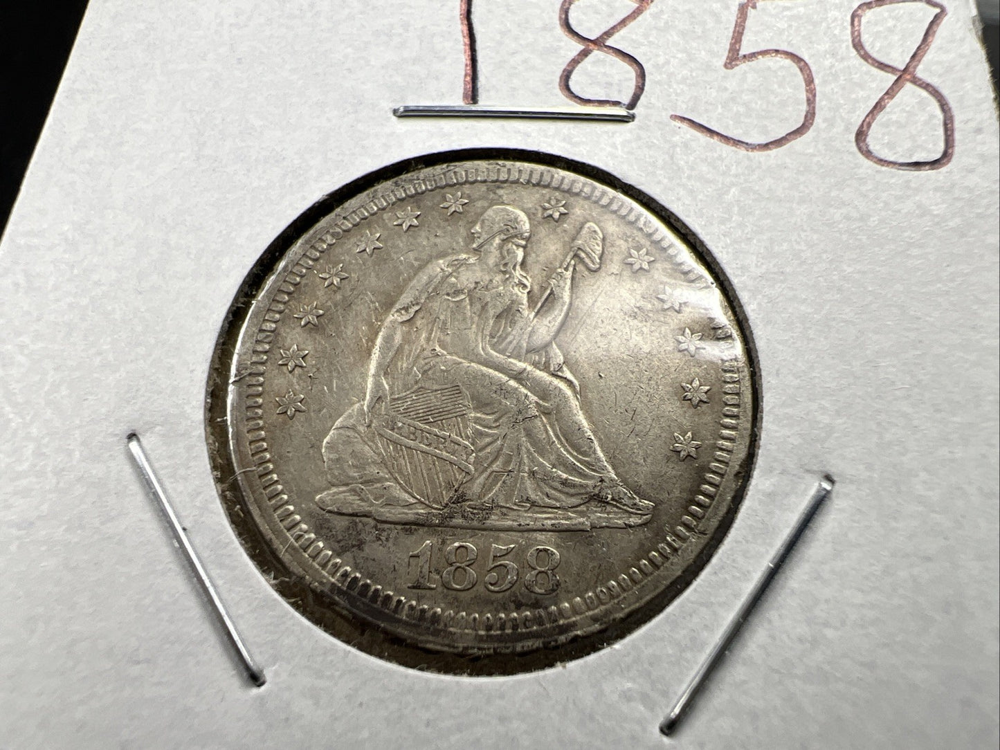 1858 25c Liberty Seated Quarter Coin XF EF Extra Fine Details Rim Damage Reverse