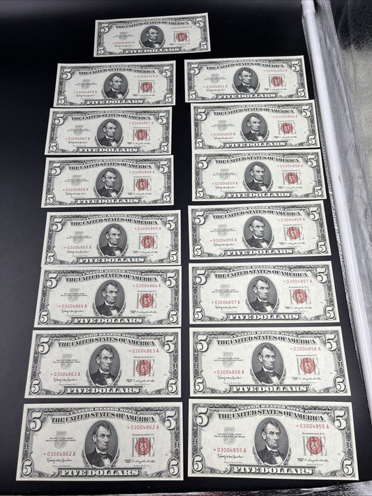 15 Consecutive * Star Note 1963 Five Dollar United States Legal Tender Bills UNC