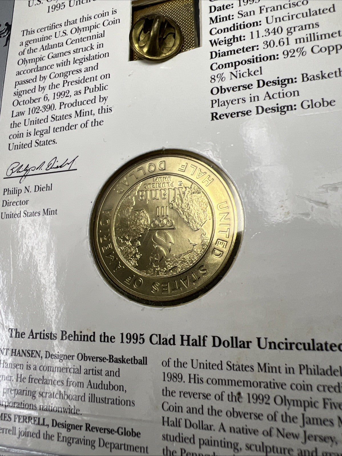 1995 Atlanta Olympics Basketball Commemorative Half dollar Coin Pin set Toner #A