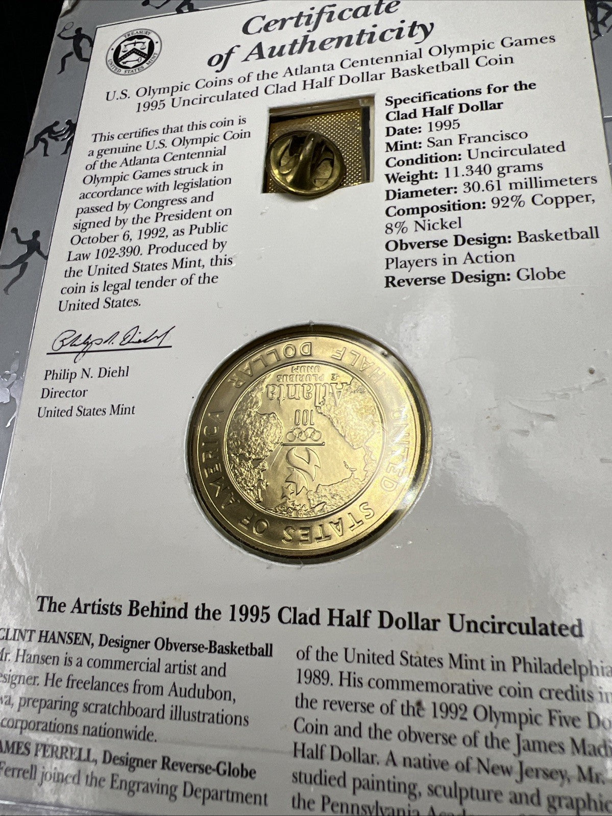 1995 Atlanta Olympics Basketball Commemorative Half dollar Coin Pin set Toner #A