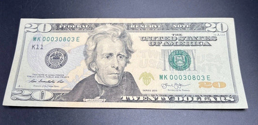 2013 $20 FRN Federal Reserve Note Circulated Neat Serial # 00030803