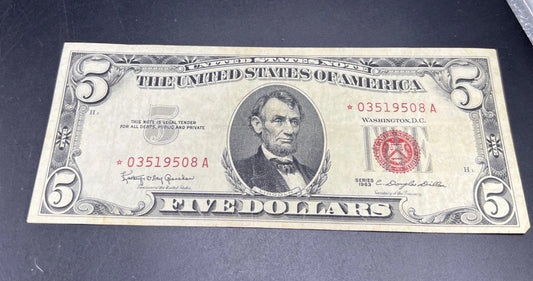 1963 * Star USN $5 Five Dollar United States Note CH VF details Reverse Writing