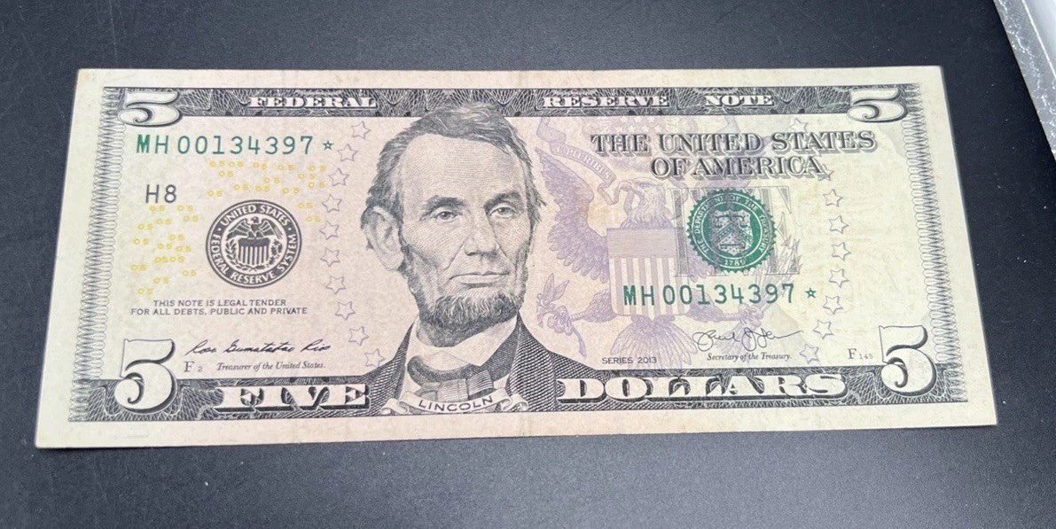 Star * 2013 $5 FRN Federal Reserve Note VF Circulated Neat Serial # 00134397