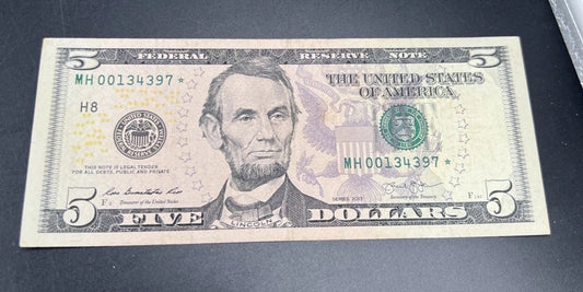 Star * 2013 $5 FRN Federal Reserve Note VF Circulated Neat Serial # 00134397