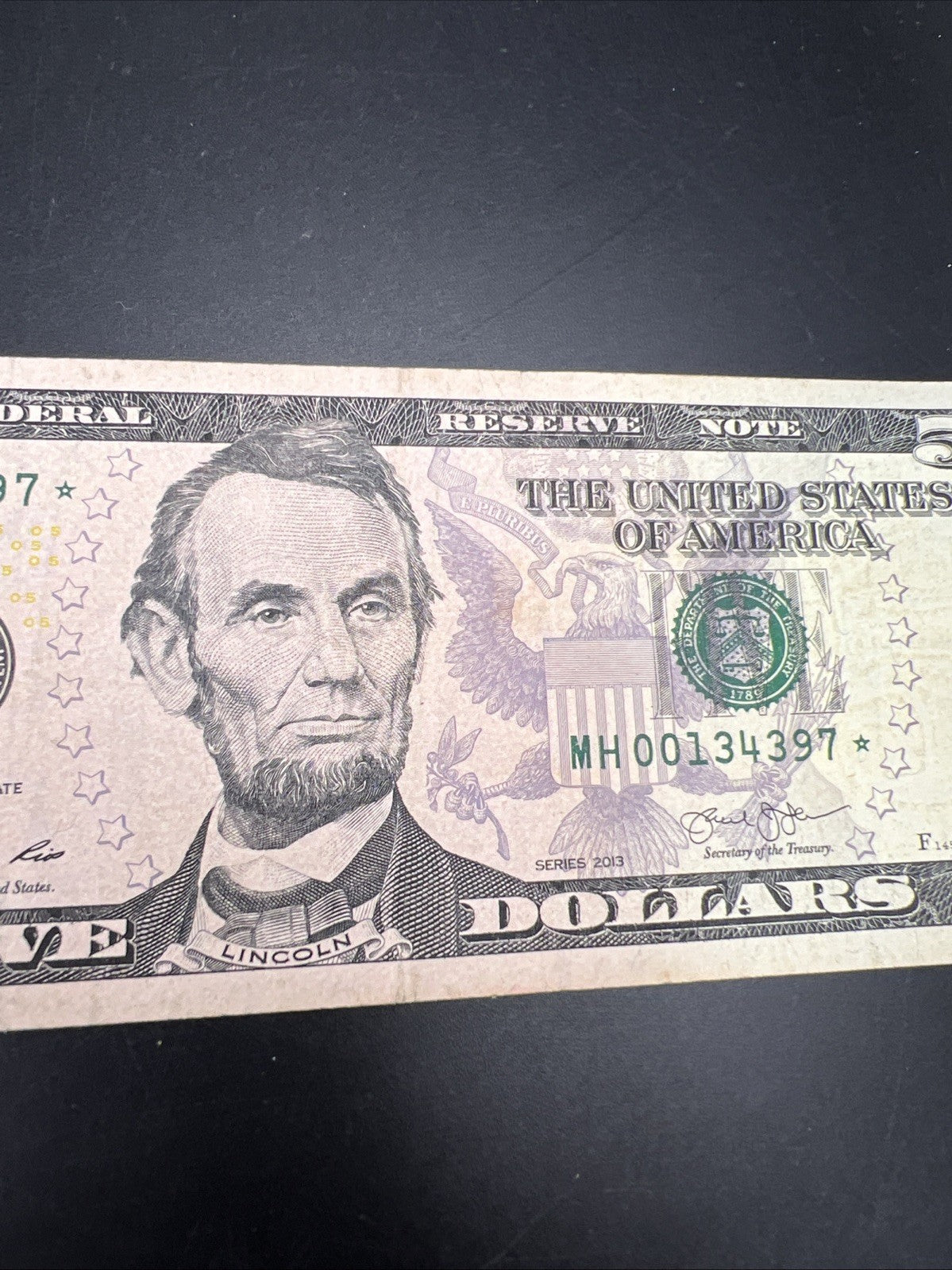 Star * 2013 $5 FRN Federal Reserve Note VF Circulated Neat Serial # 00134397