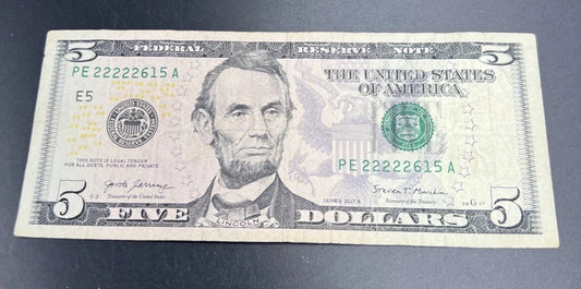2017 A $5 FRN Federal Reserve Note Fine Circulated Neat Serial # 22222615