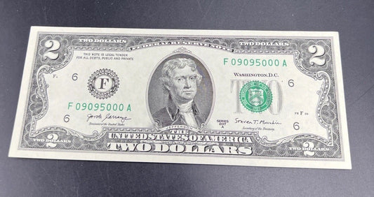 2017 A $2 FRN Federal Reserve Note CH UNC Neat Repeat Serial # 09095000