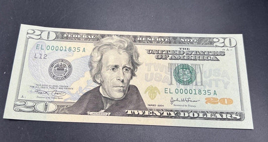 2004 20 FRN Federal Reserve Note Choice Uncirculated UNC Low Serial # 00001835