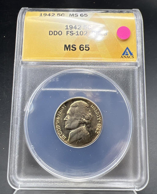 1942 5c Jefferson 5c Nickel Coin DDO Double Die Obverse FS-102 ANACS MS64 SKU#B