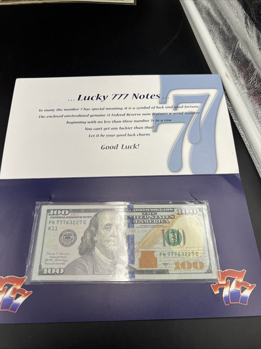 Lucky 777 Repeater 2017 A $100 FRN Federal Reserve Note XF / AU in Folder