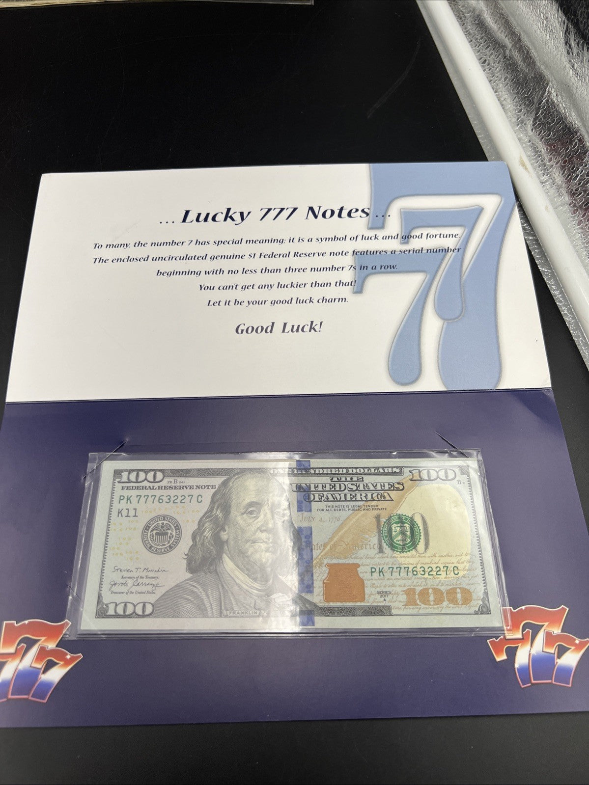 Lucky 777 Repeater 2017 A $100 FRN Federal Reserve Note XF / AU in Folder