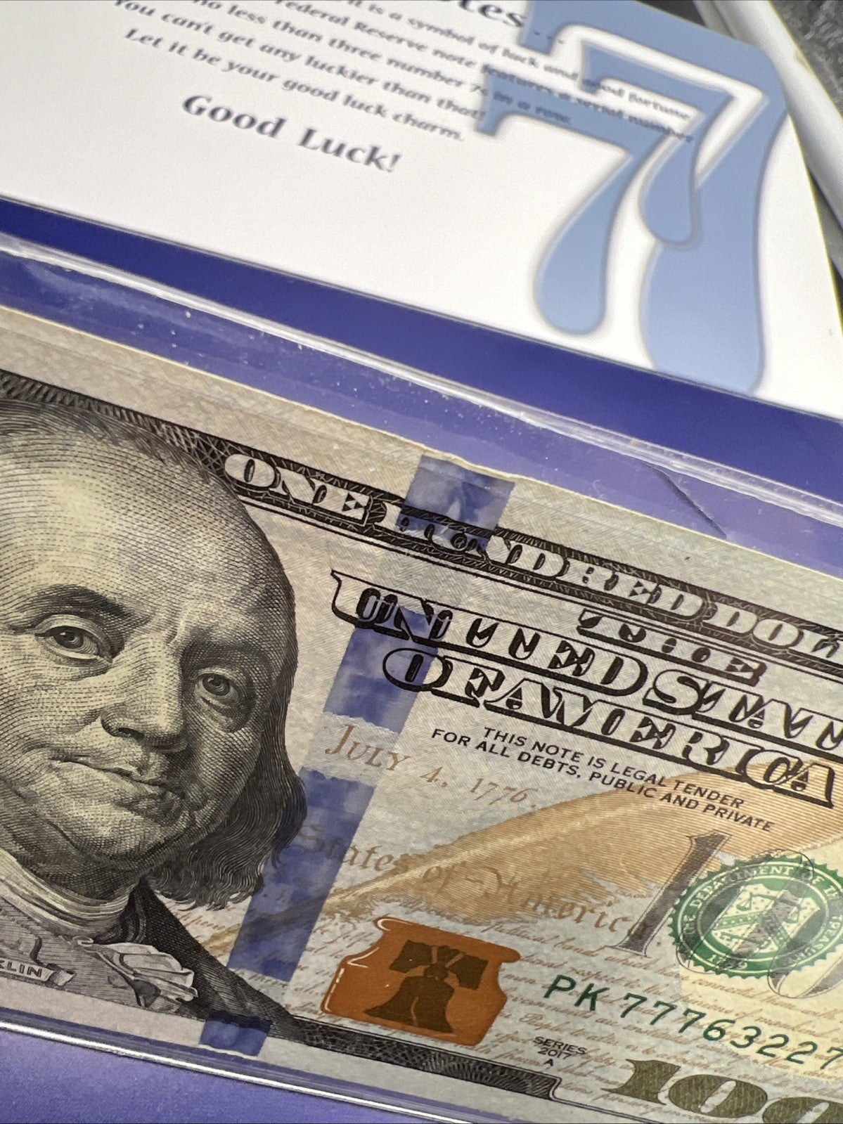 Lucky 777 Repeater 2017 A $100 FRN Federal Reserve Note XF / AU in Folder