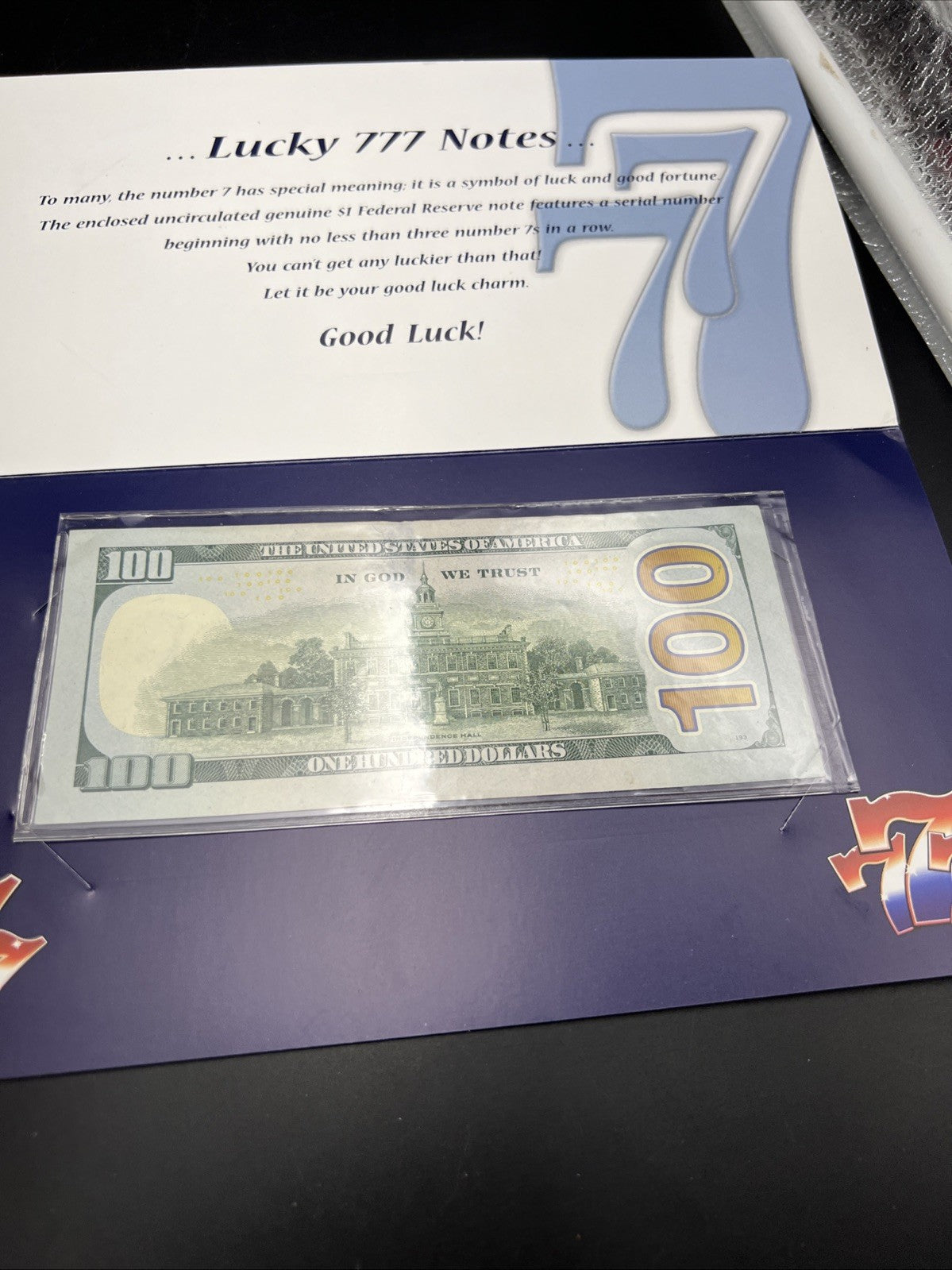 Lucky 777 Repeater 2017 A $100 FRN Federal Reserve Note XF / AU in Folder