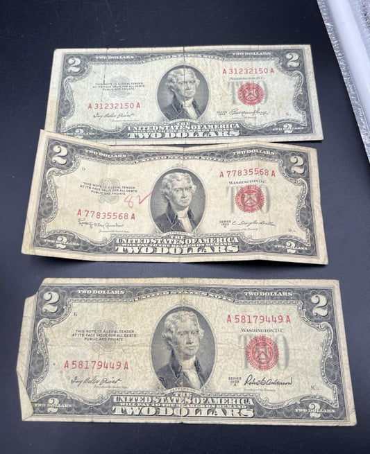 Lot of 3 1953 $2 USN Red Seal United States Notes Very Circulated #449