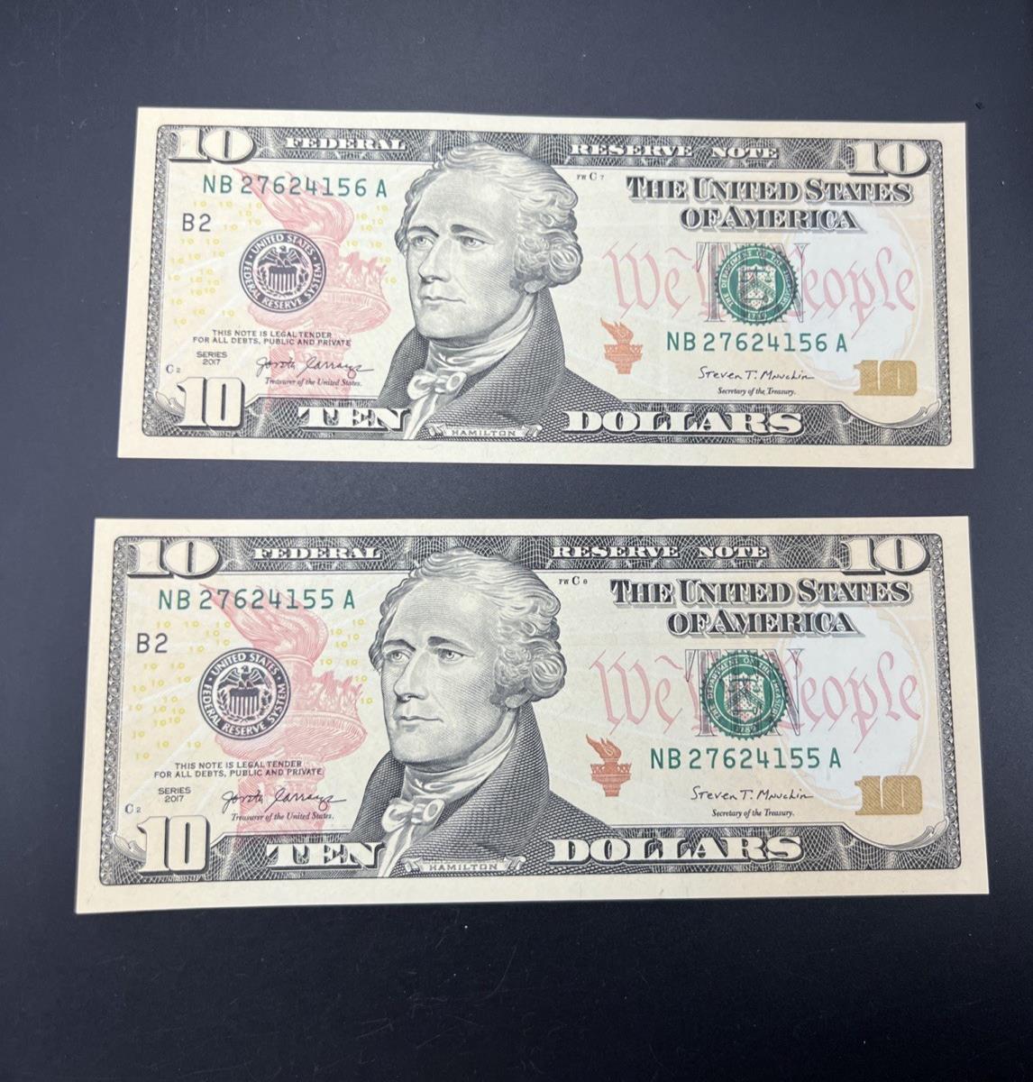 2 Consecutive 2017 $10 FRN Federal Reserve Notes Choice UNC