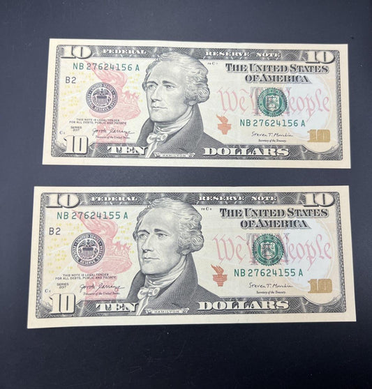 2 Consecutive 2017 $10 FRN Federal Reserve Notes Choice UNC