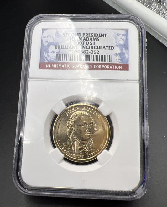 2007 D $1 John Adams Presidential Dollar NGC BU Certified #352