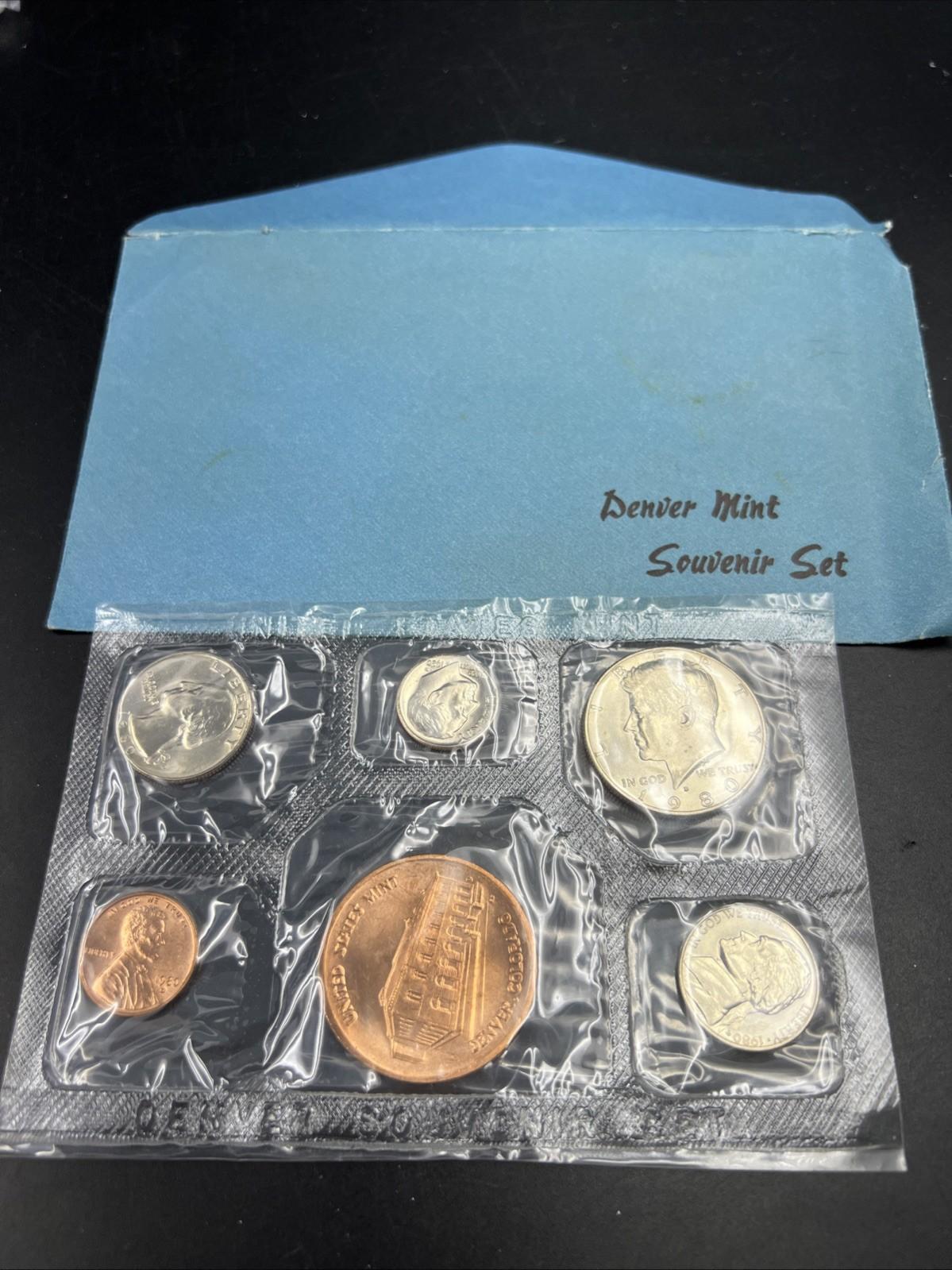 1980 D Denver Mint Souvenir Set Uncirculated Coins and Medal With Envelope