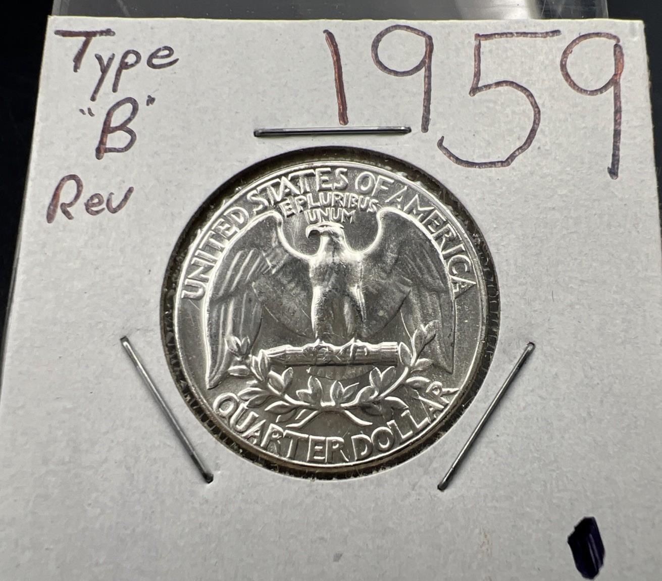 1959 P 25C Washington Quarter Silver Coin Choice BU Uncirculated Type B Rev SK#A
