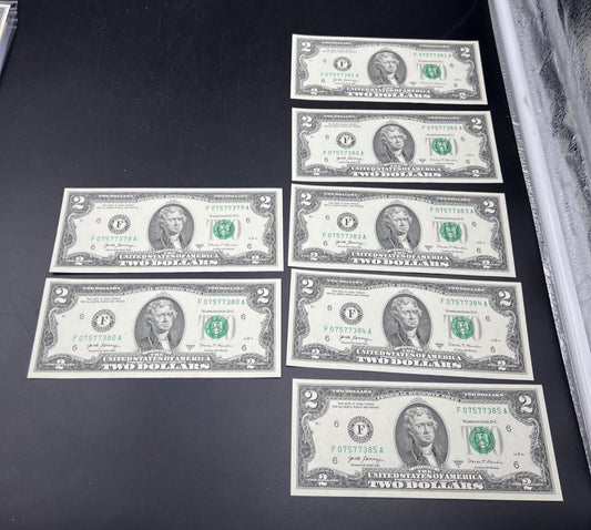 7 Consecutive 2017 A $2 Two Dollar FRN Federal Reserve Notes CH UNC #85