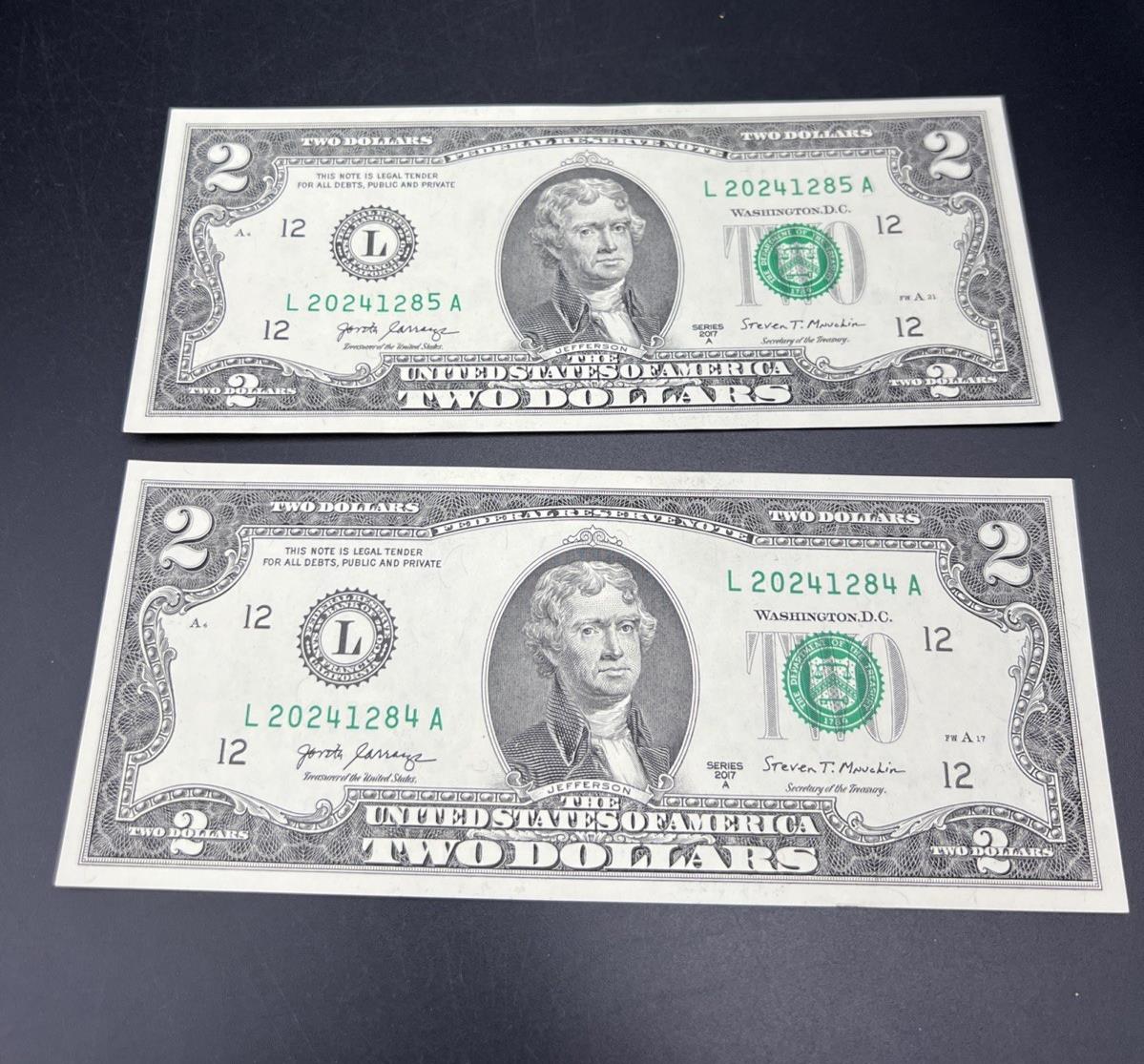 2 Consecutive 2017 A $2 Two Dollar FRN Federal Reserve Notes Serial #2024 CH UNC