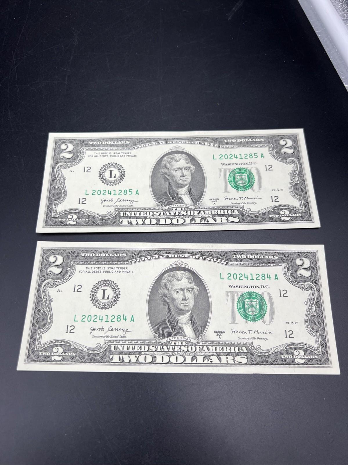 2 Consecutive 2017 A $2 Two Dollar FRN Federal Reserve Notes Serial #2024 CH UNC