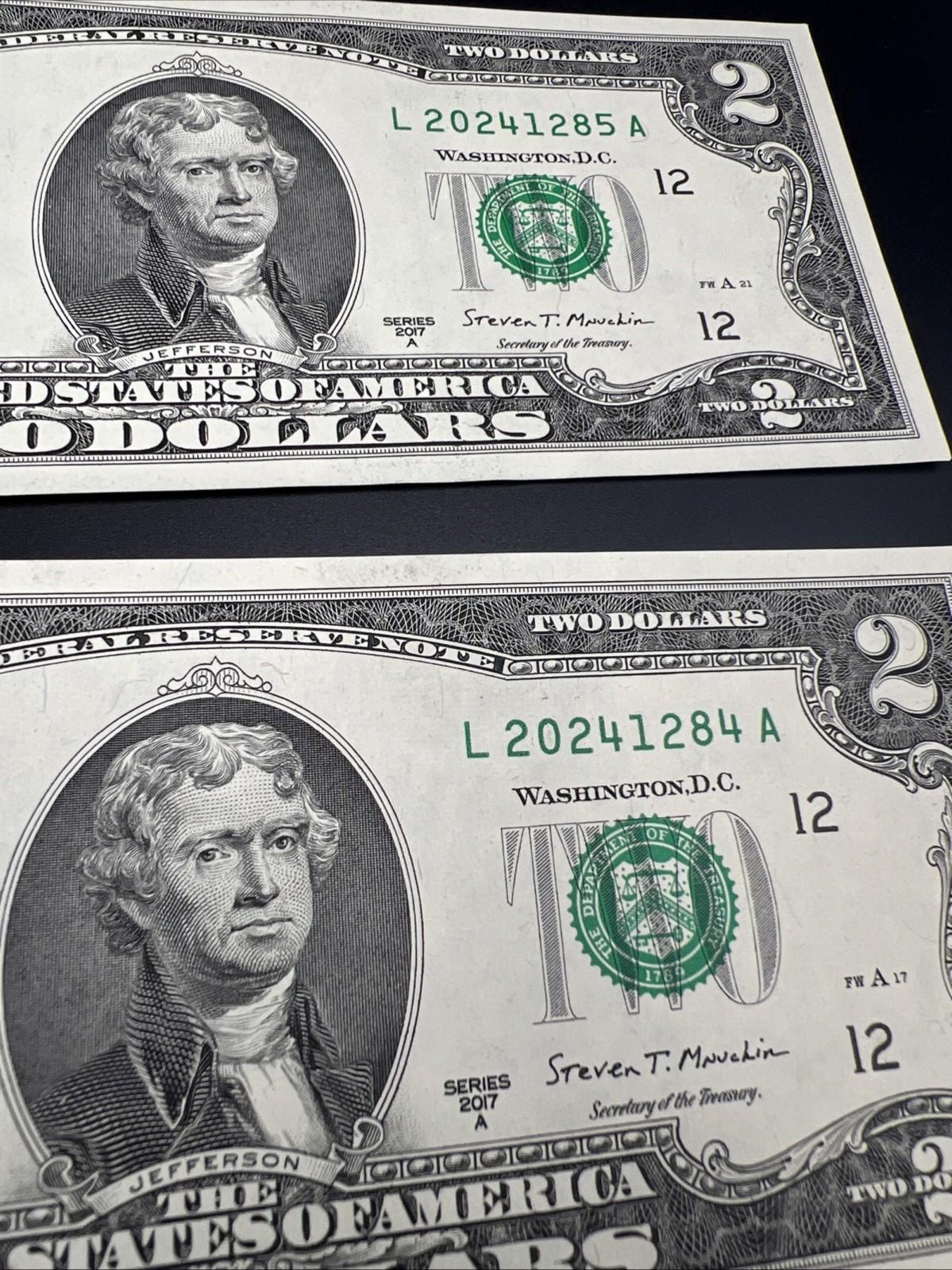 2 Consecutive 2017 A $2 Two Dollar FRN Federal Reserve Notes Serial #2024 CH UNC