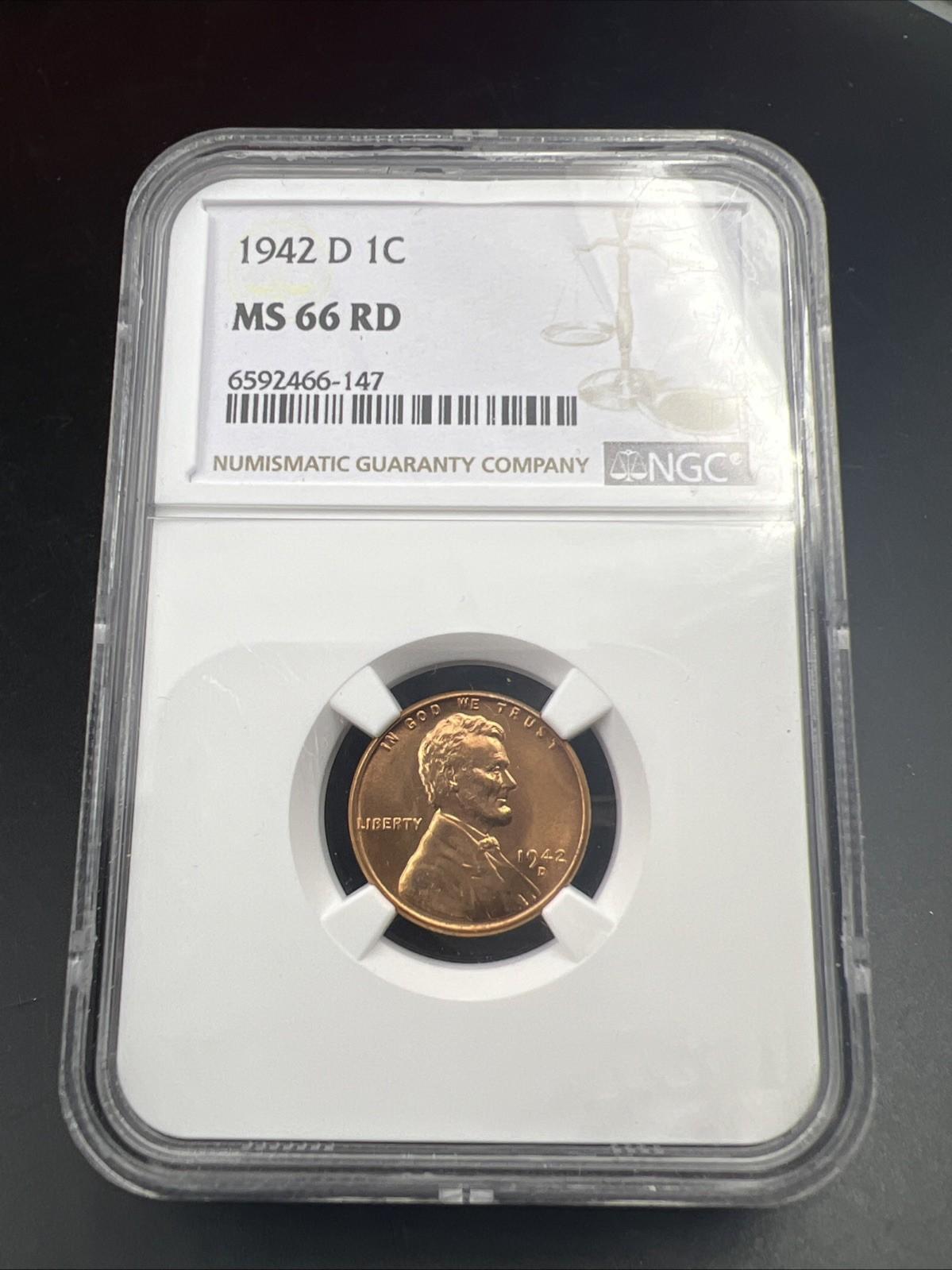 1942 D 1c Lincoln Wheat Cent Penny Coin NGC MS66 Gem BU UNC #147
