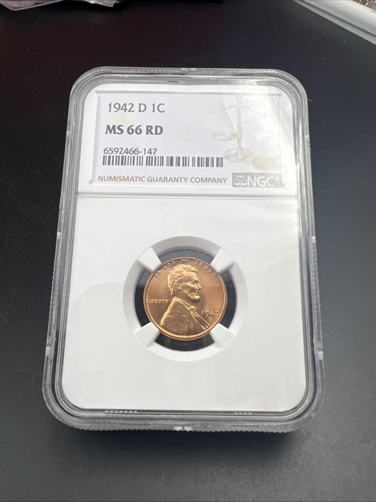 1942 D 1c Lincoln Wheat Cent Penny Coin NGC MS66 Gem BU UNC #147